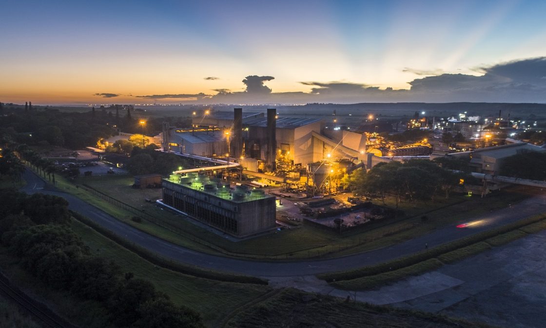 Archive photograph of Tongaat Hulett’s Felixton sugar mill near Empangeni, KwaZulu-Natal, at dusk