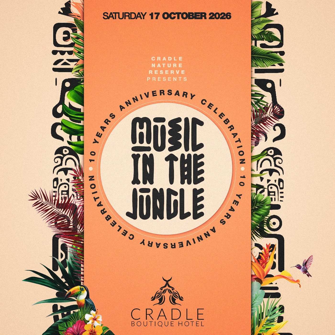 Official Music in the Jungle 17 October 2026 anniversary festival poster featuring the Cradle Boutique Hotel branding