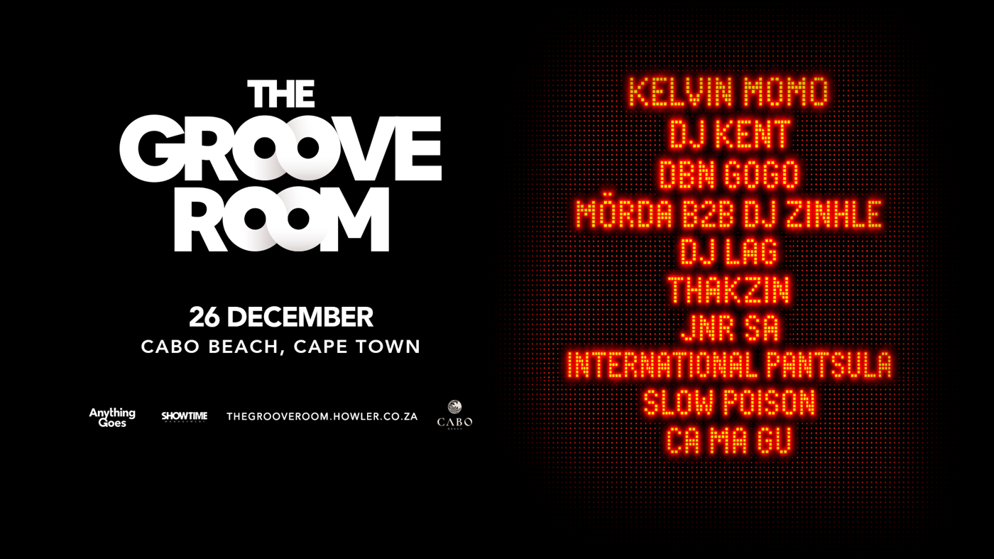 Official The Groove Room Cape Town 26 December 2026 line-up artwork showing artists and Cabo Beach venue