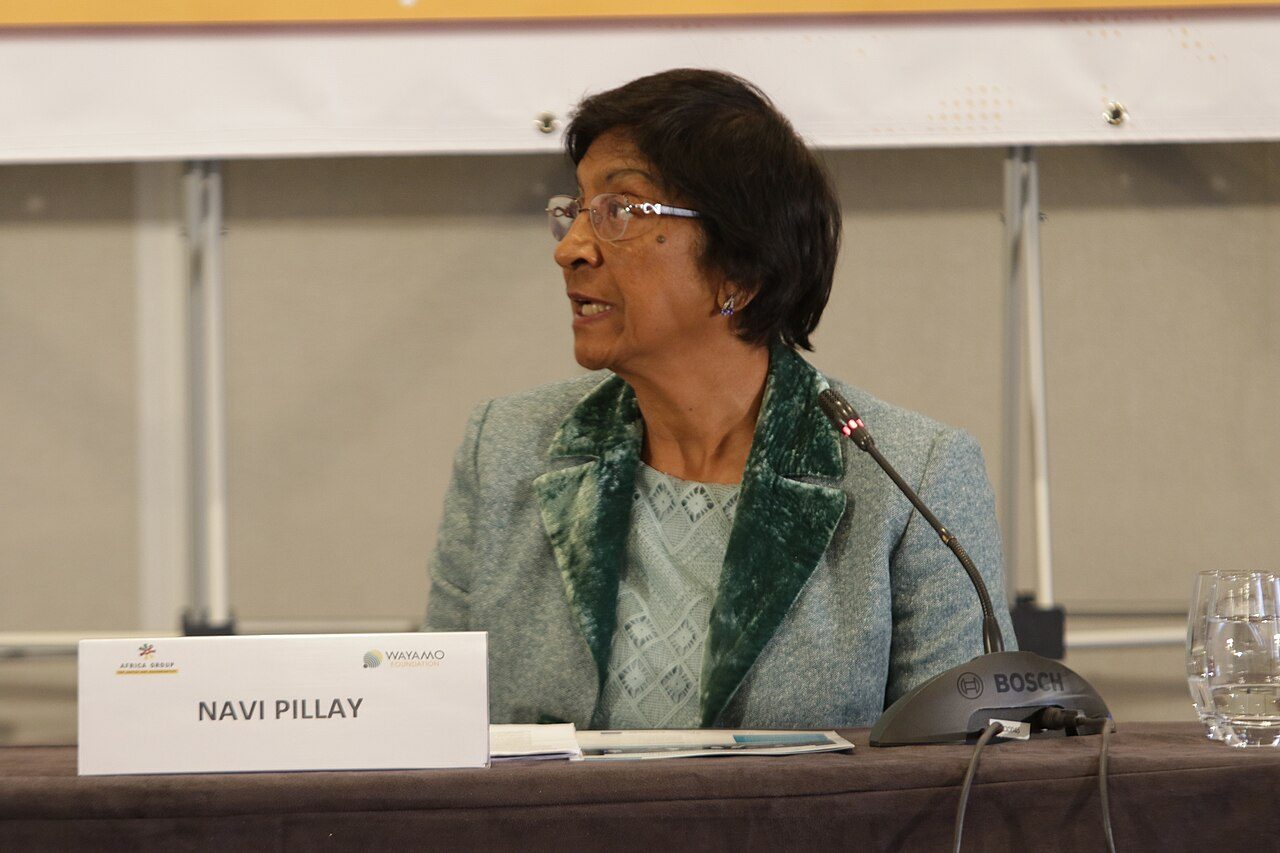 South African jurist Navi Pillay speaking at an international justice meeting in 2018